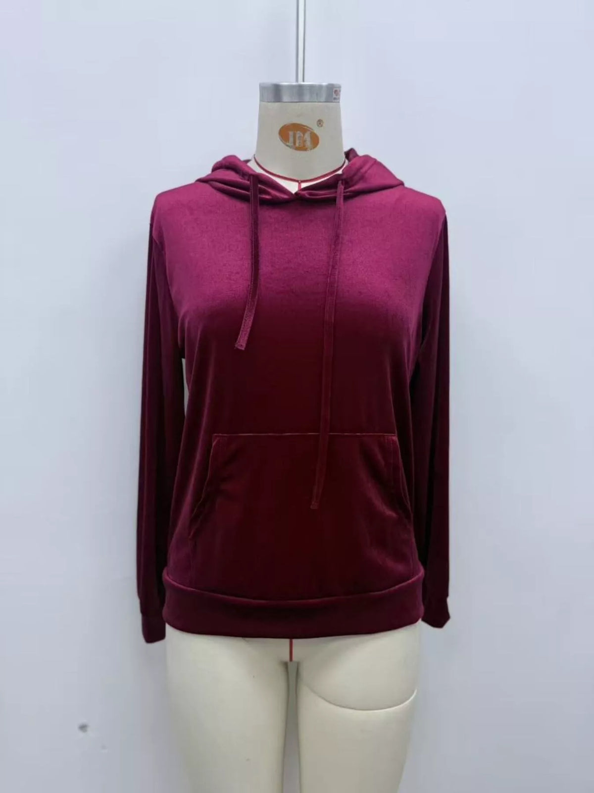 Women's Velvet Kangaroo Pocket Hoodie in Burgundy, alternate view