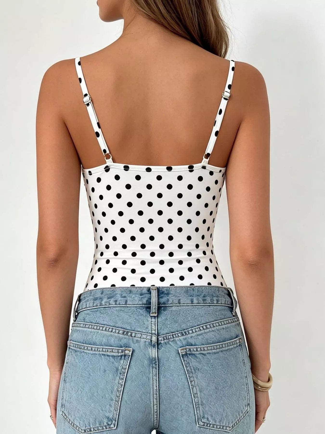Trendsi Polka Dot Cowl Neck Spaghetti Strap Bodysuit -