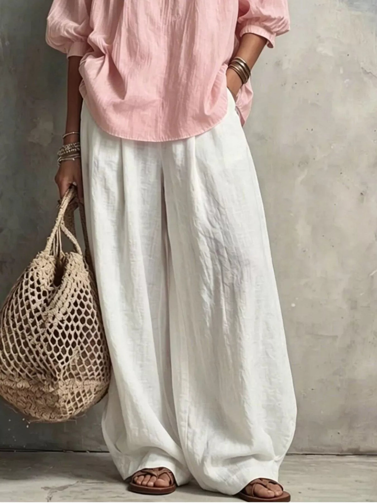 Blush Pink Notched Long Sleeve Blouse & White Wide-Leg Pants Set pants detail