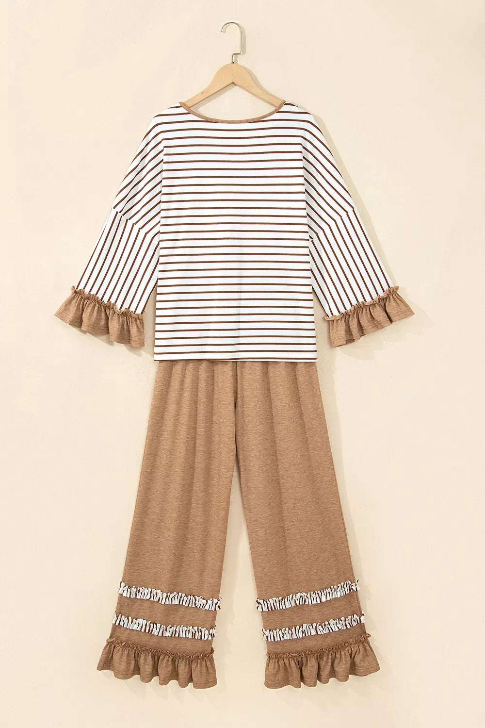Trendsi Stripe V Neck Ruffle Contrast Sleeve Top Drawstring Pants 2pcs Set -