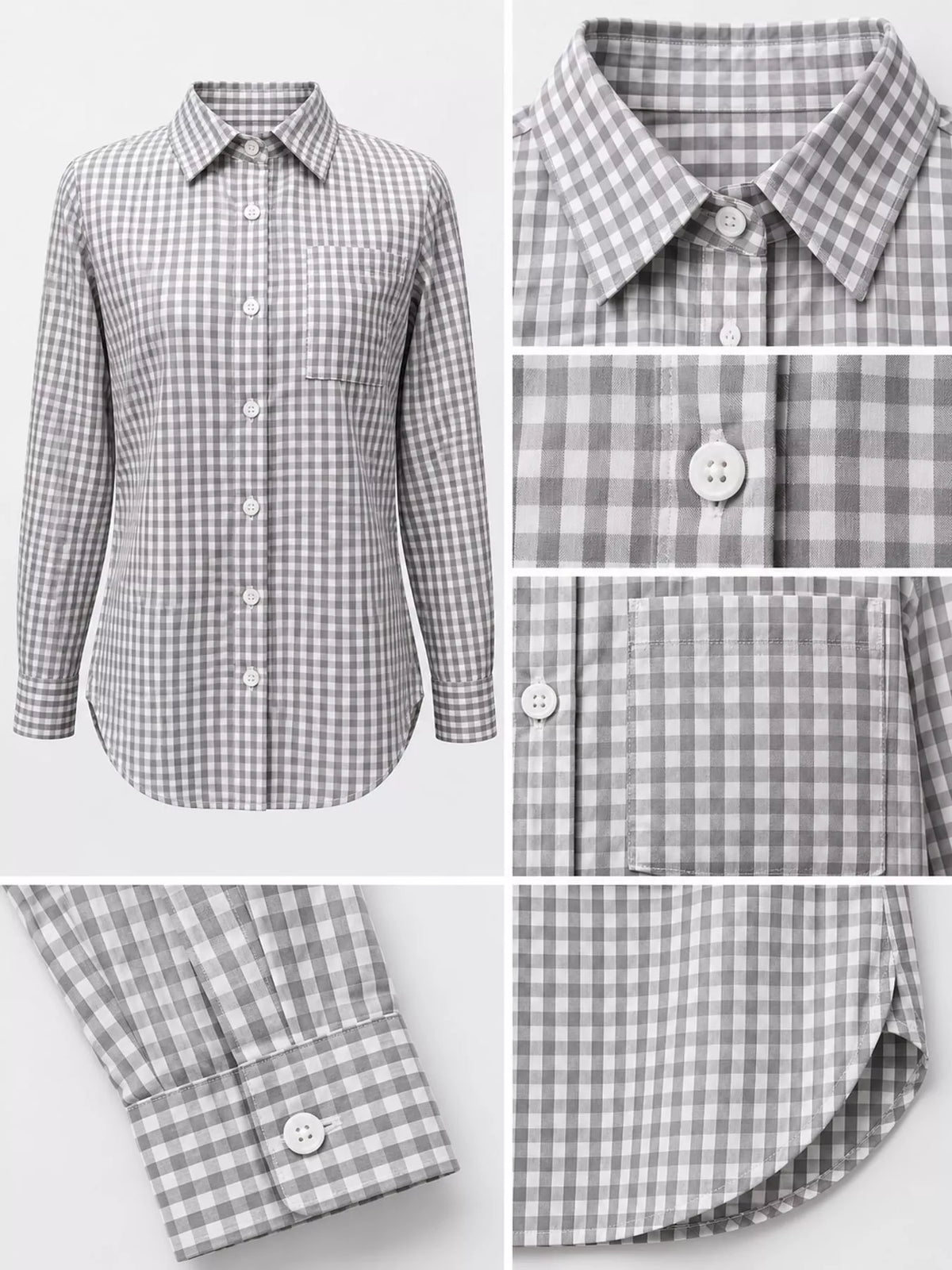 Gray and white plaid button-down shirt, collar, buttons, chest pocket, cuff, and curved hem close-ups