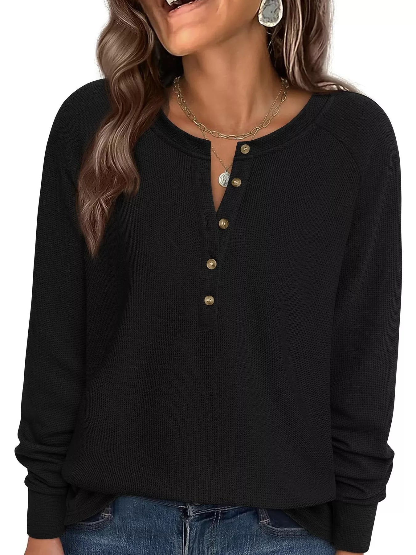 Trendsi Waffle Knit Henley Long Sleeve T-Shirt -