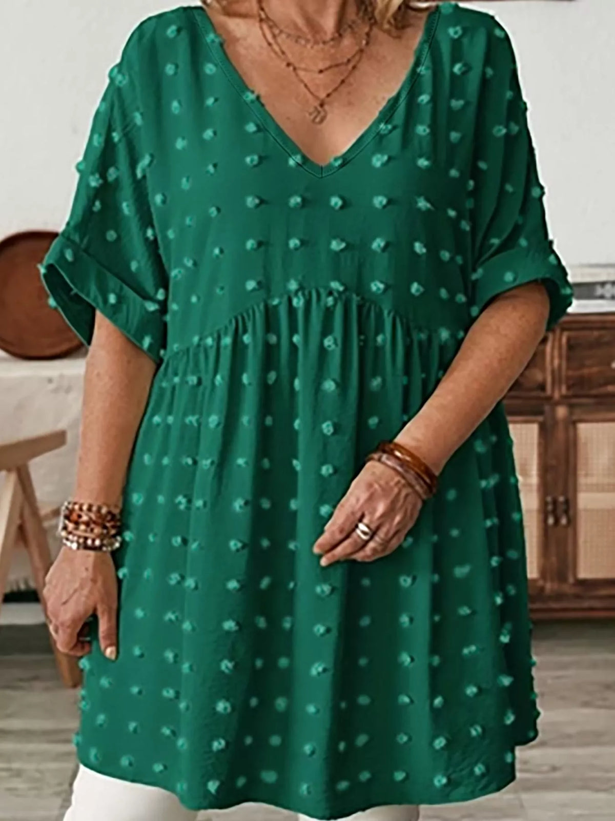 Swiss-dot blouse, dark green front