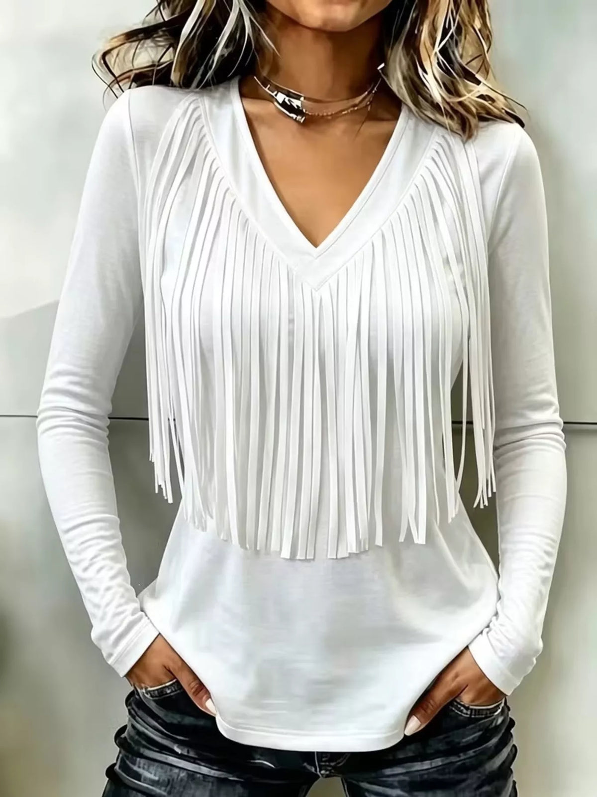 White fringe V-neck top, front view