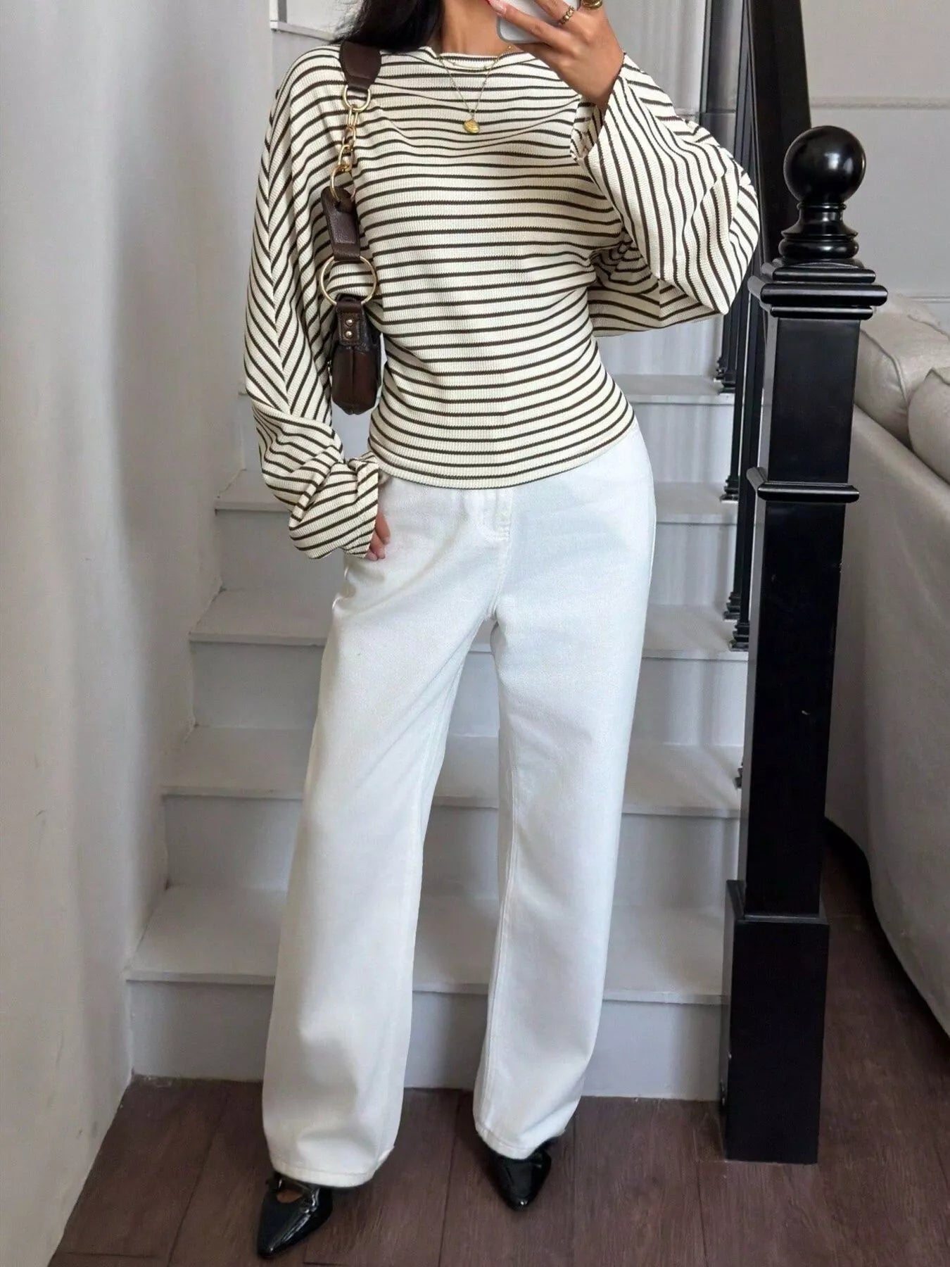 Trendsi Casual Striped Batwing Sleeve T-Shirt -