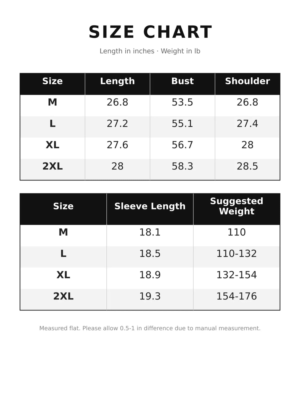 Size chart for women's half-zip letter graphic sweatshirt