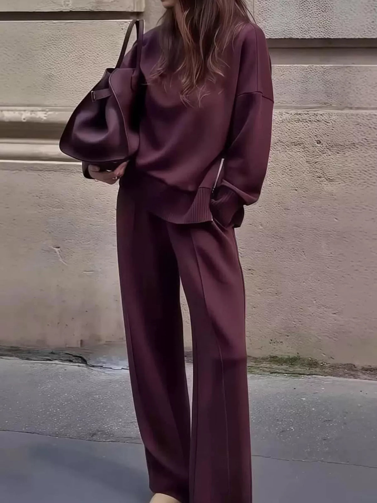 Dropped Shoulder Sweatshirt and Wide-Leg Pants Set in burgundy, front view