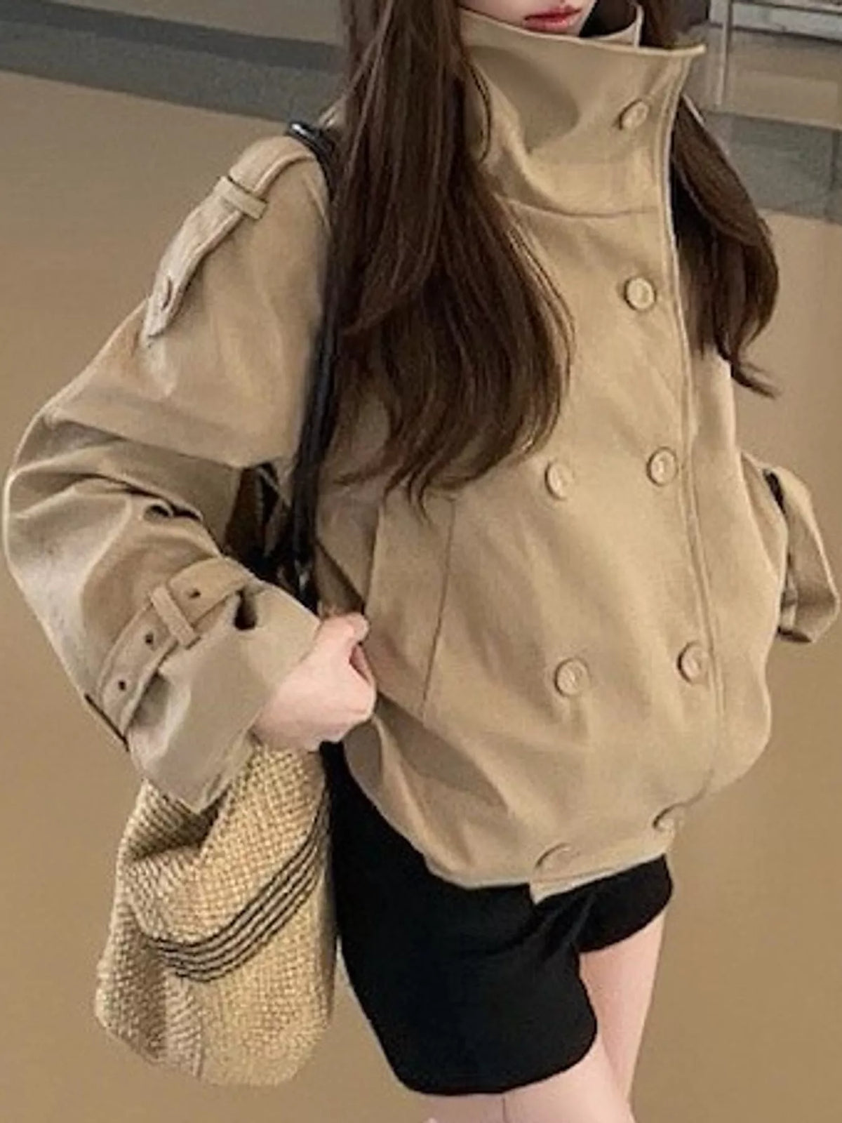 Khaki double-breasted trench jacket with stand collar