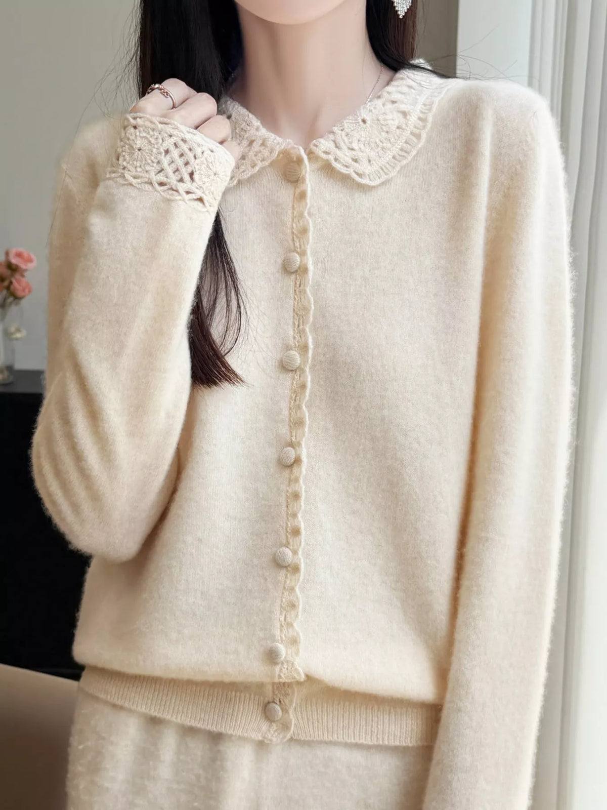 Lace-collar cardigan, cream collar detail