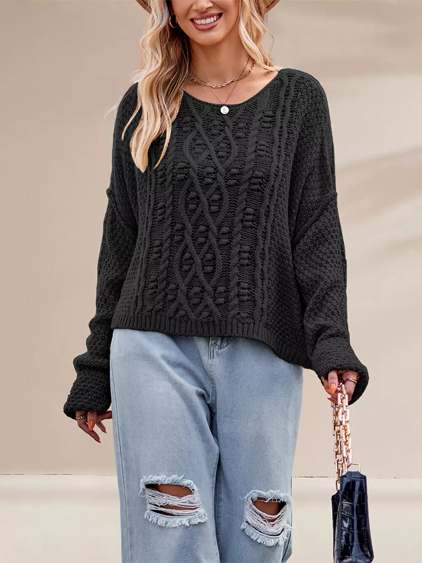 Trendsi Cable Knit Dropped Shoulder Sweater -