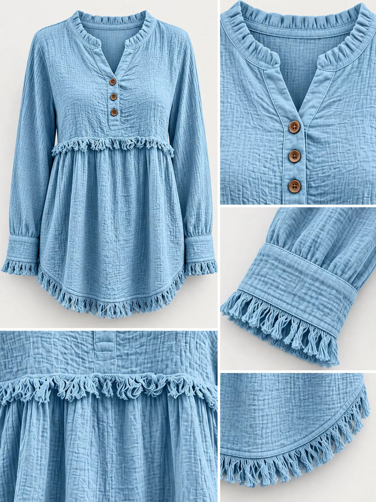 Frayed-hem blouse, light blue button and fringed trim details