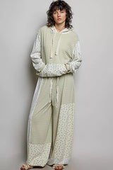Trendsi POL Mixed Knit Contrast Print Sleeve Hoodie with Kangaroo Pocket -