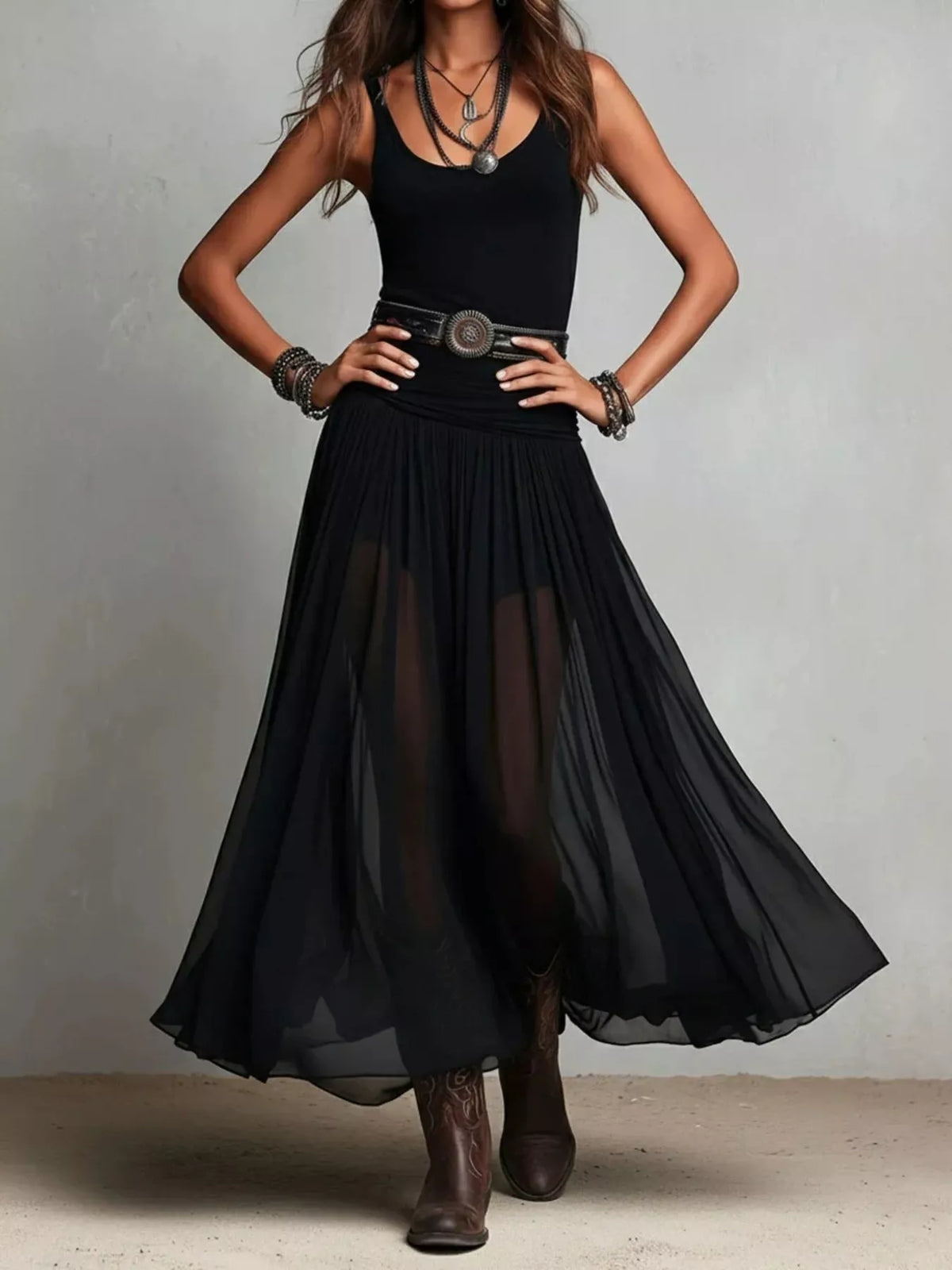 Black scoop-neck sleeveless maxi dress