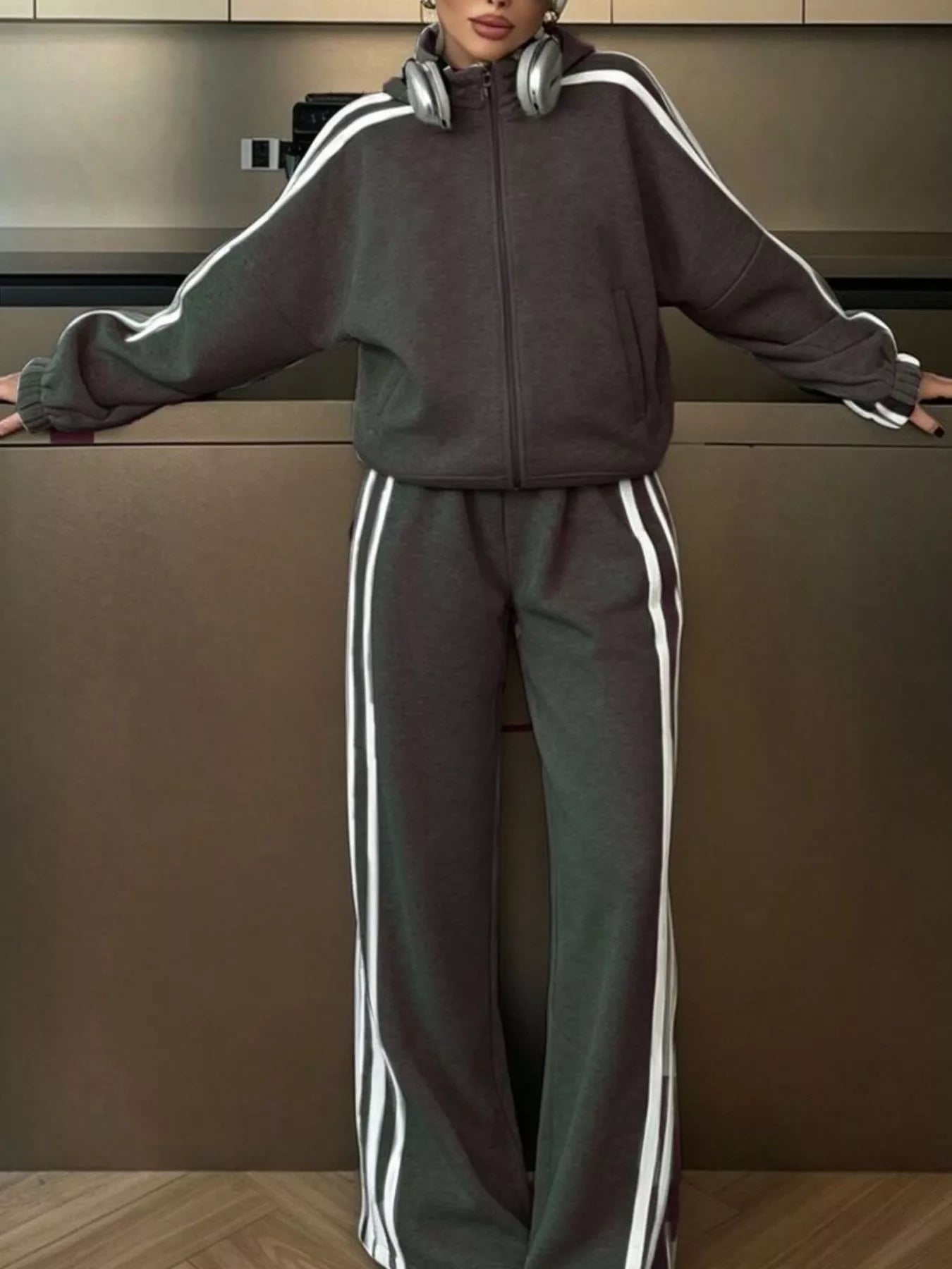 Trendsi Side Stripes Zip Up Top and Pants Set -