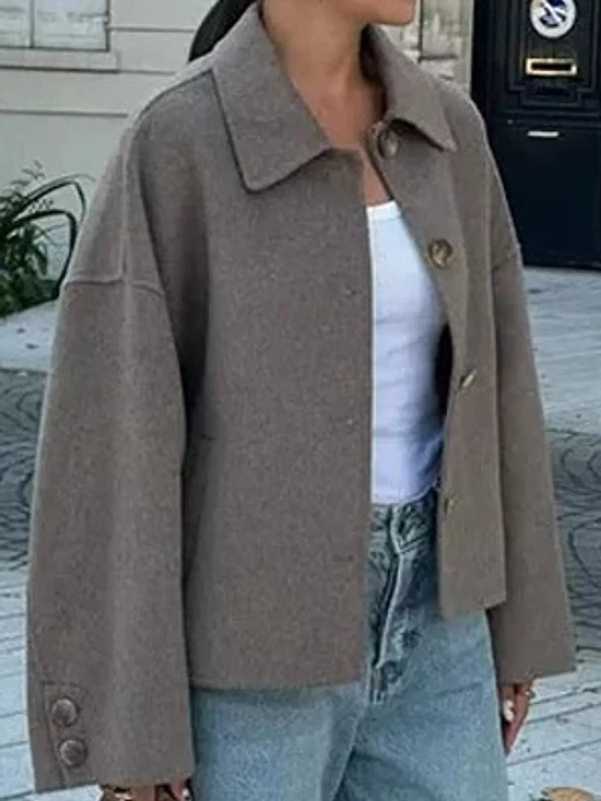 Button-up jacket, taupe open front