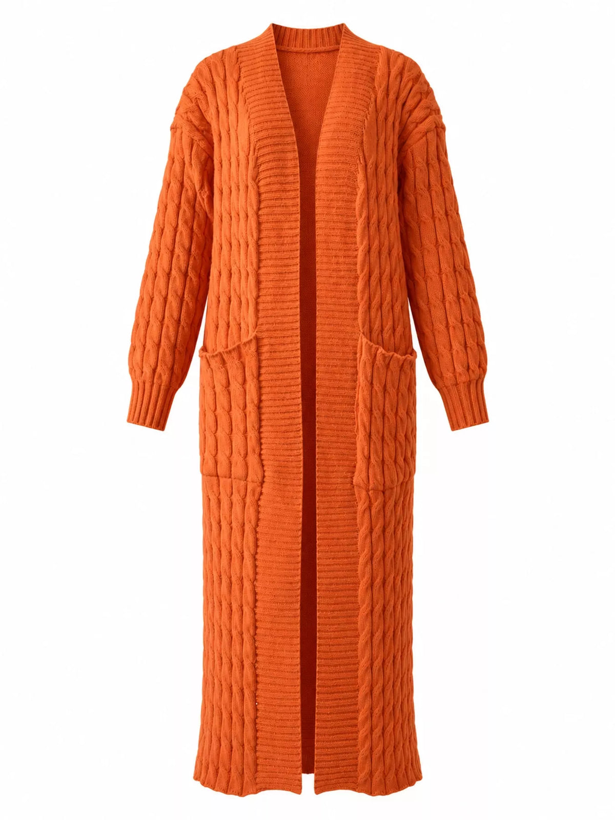 Orange cable-knit longline open-front cardigan
