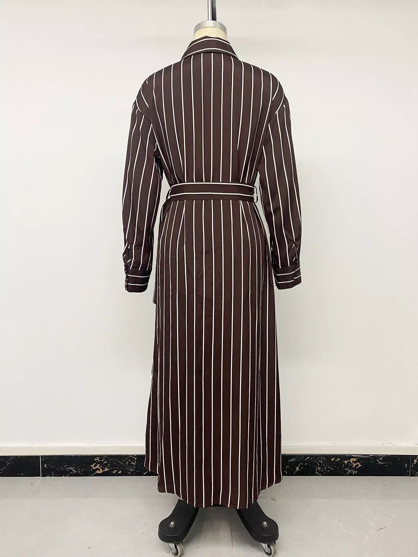 Trendsi Striped Long Sleeve Belted Shirt Dress -