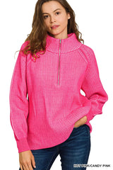 Trendsi Zenana Ribbed Two Tone Half Zip Sweater -