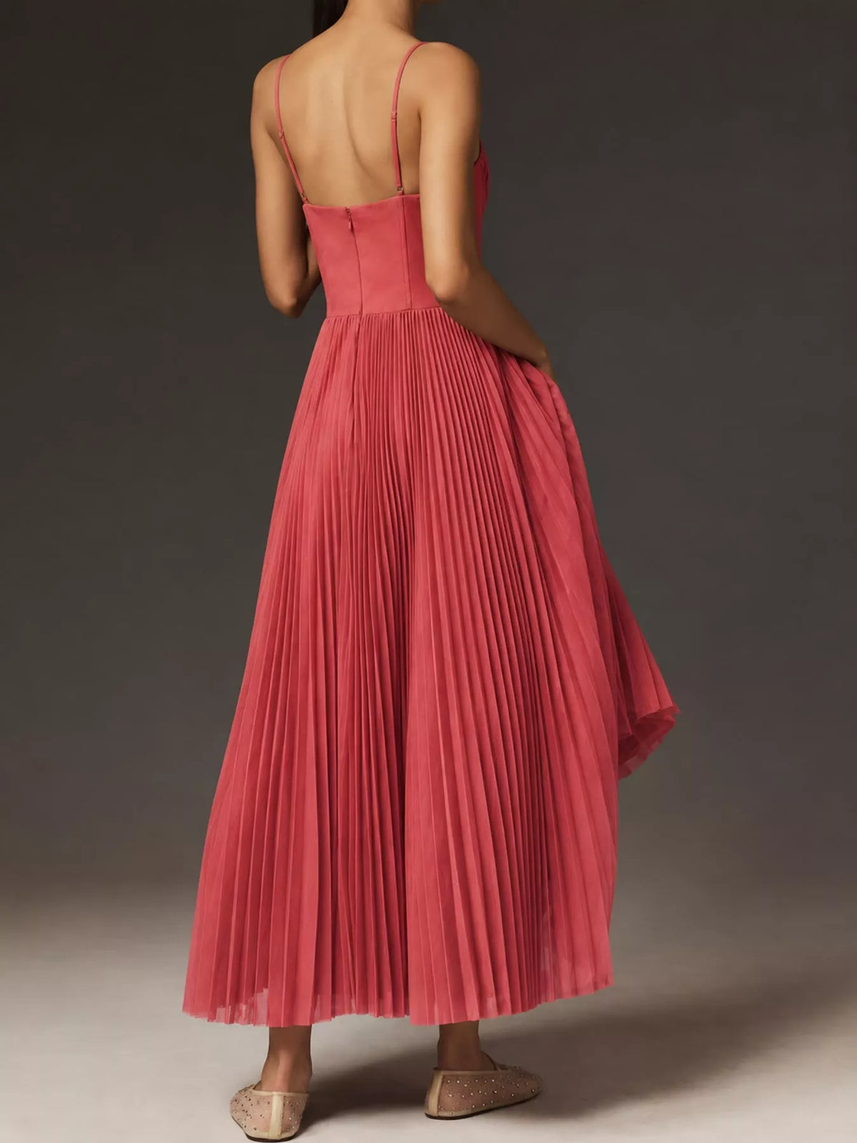 Red pleated sweetheart neck midi dress — back view