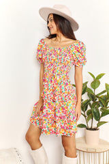 Trendsi Devine Smocked Sweetheart Neck Flounce Sleeve Mini Dress -