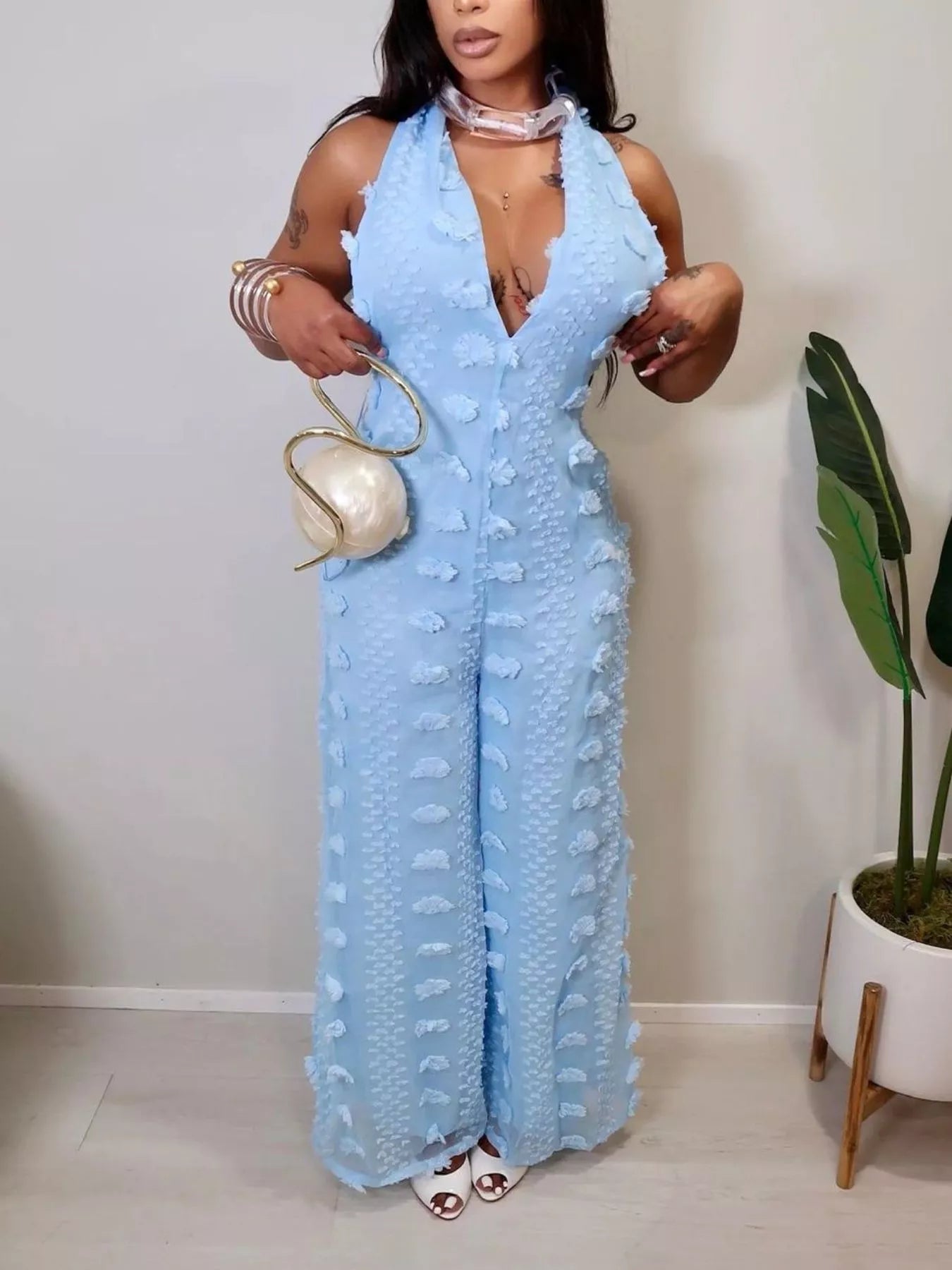 Trendsi Textured Halter Wide-Leg Jumpsuit -