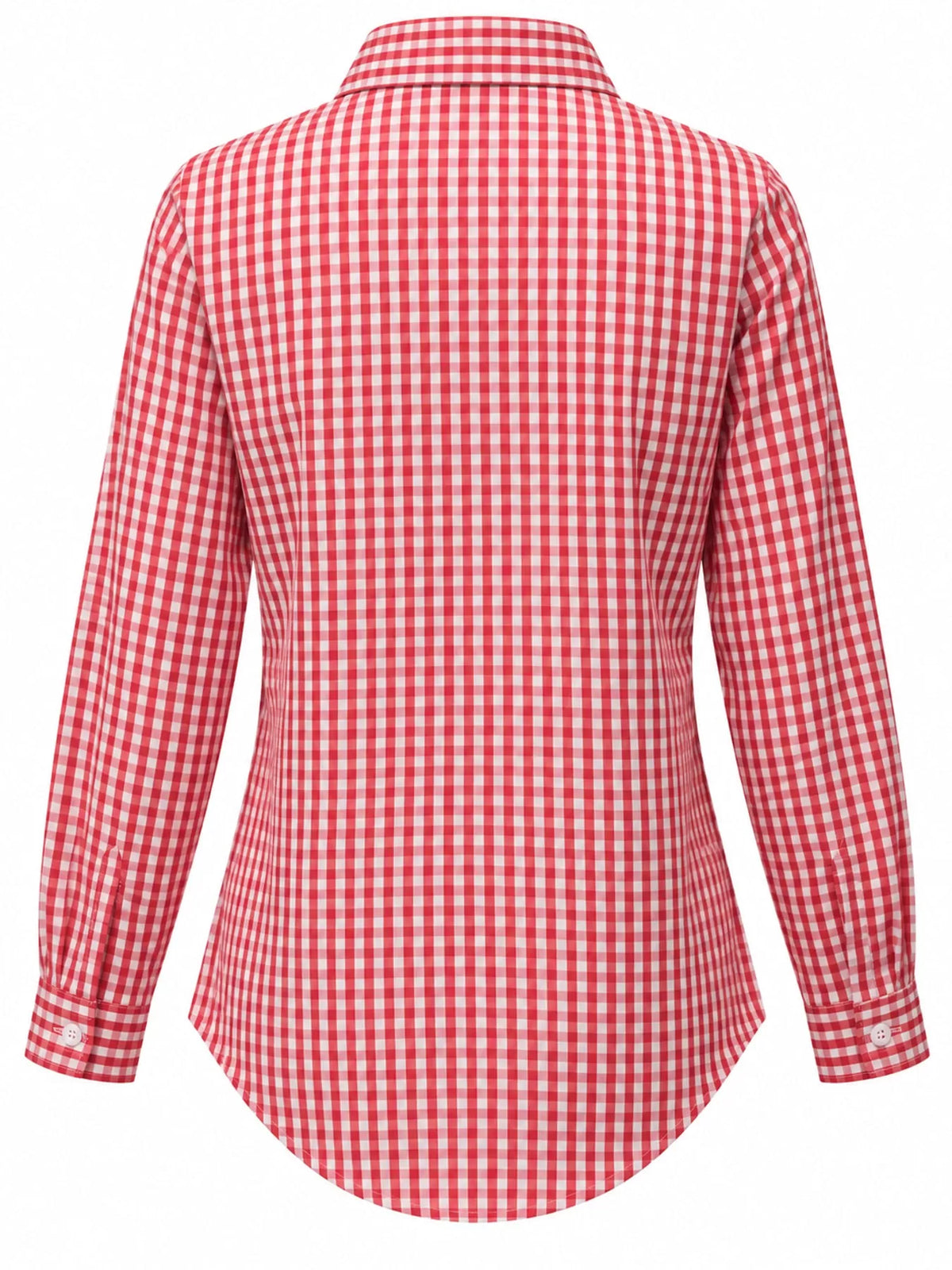 Red and white plaid button-down shirt, back view