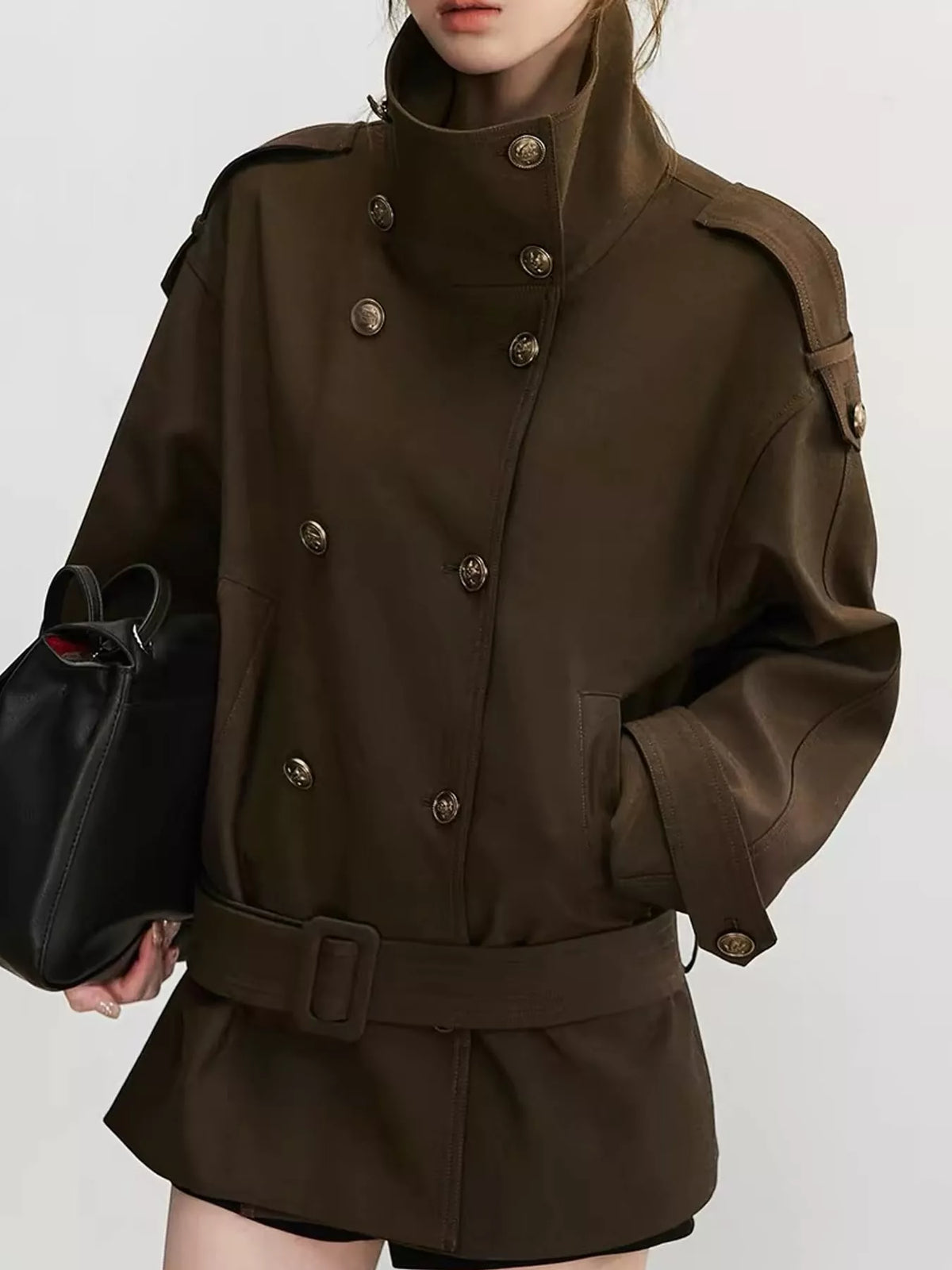 Brown double-breasted high-neck belted trench coat