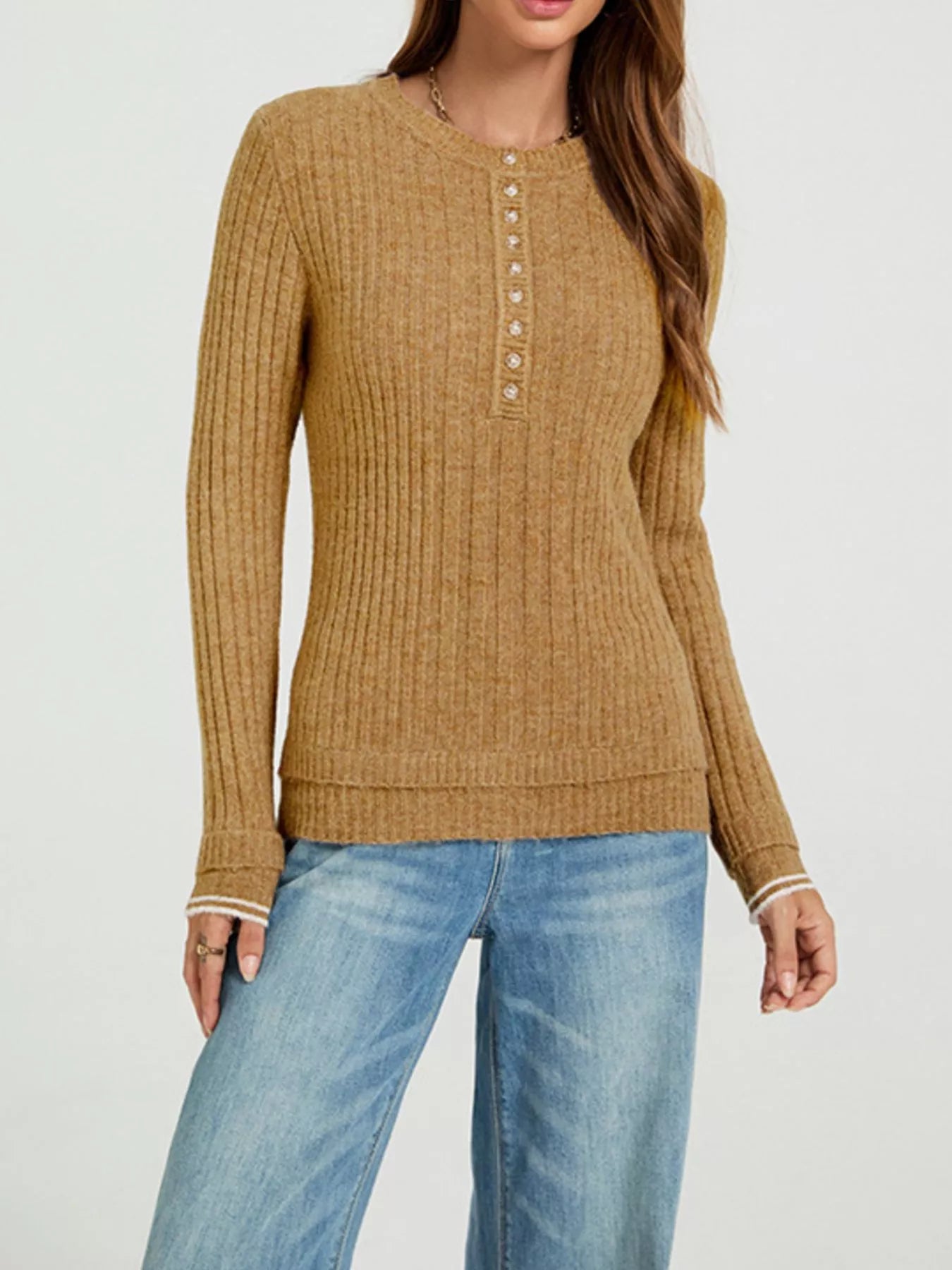 Trendsi Button Detail Ribbed Knit Top -