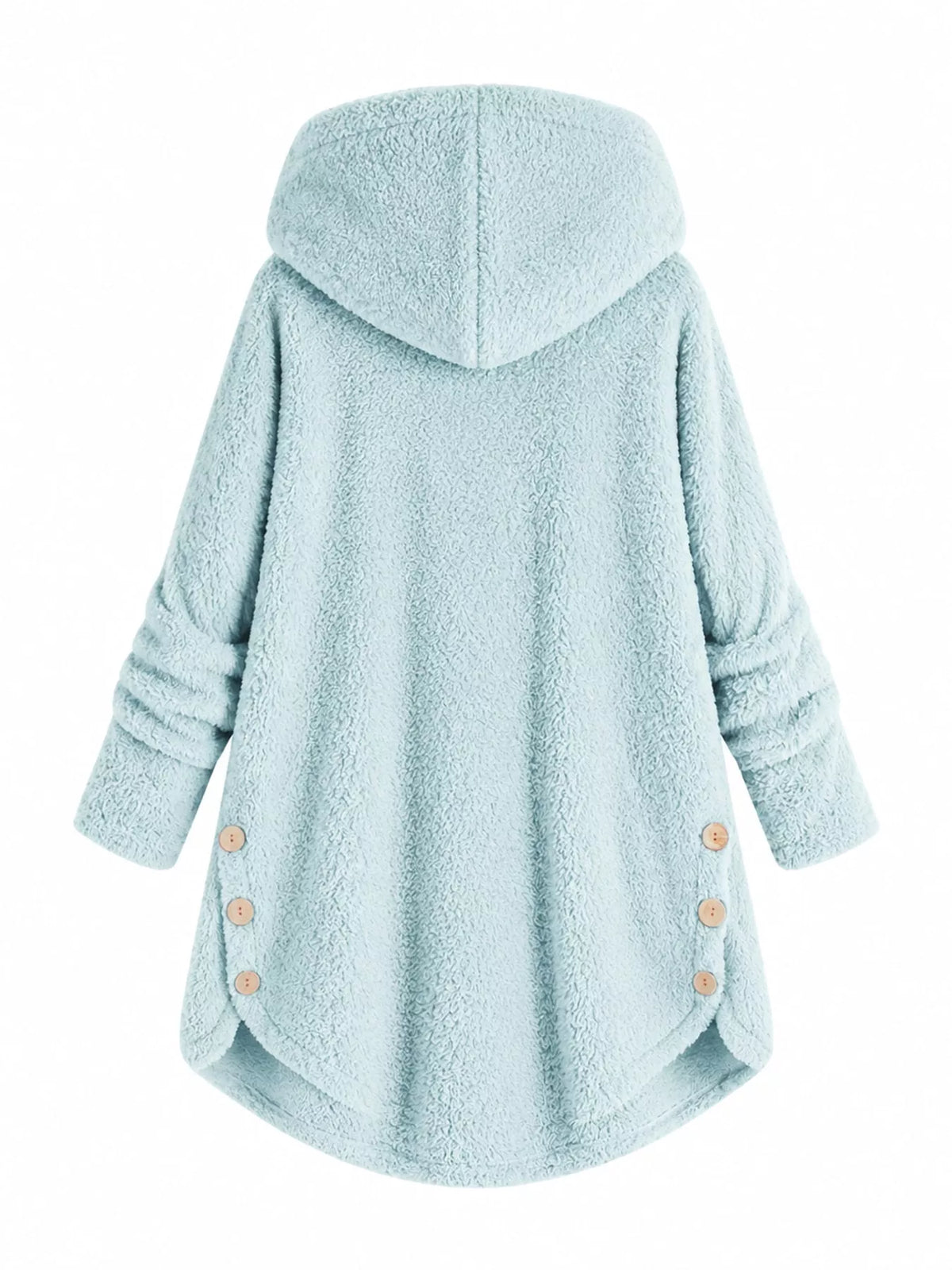 Light blue fleece button-up hooded jacket with curved high-low hem, back view