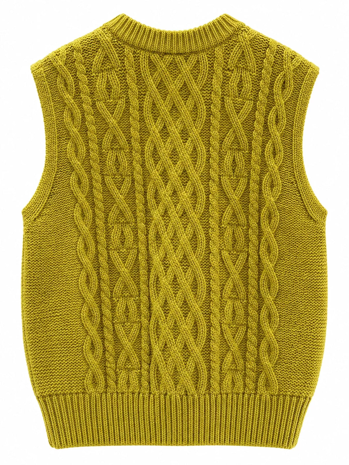 Yellow cable-knit sweater vest, back view