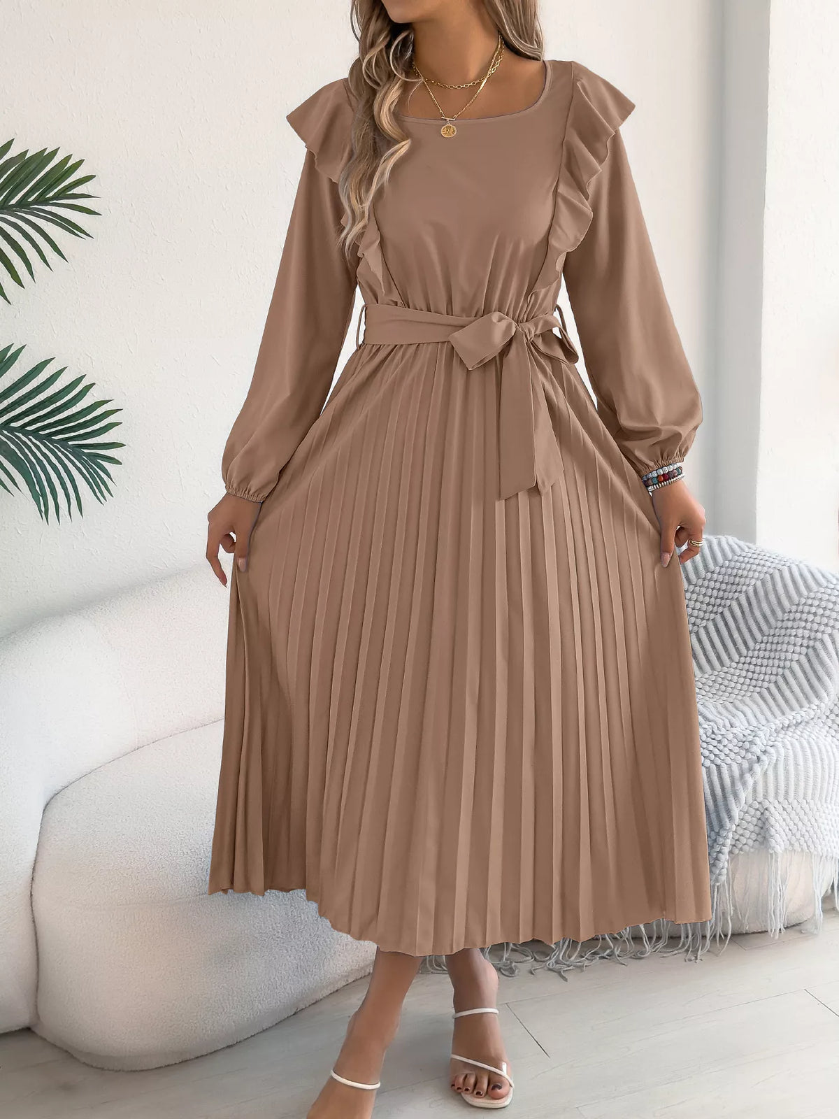 Taupe ruffled pleated tie-waist midi dress, front showing pleated skirt.