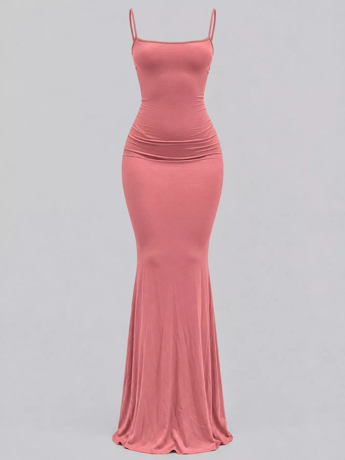 Pink bodycon spaghetti strap maxi dress, front view