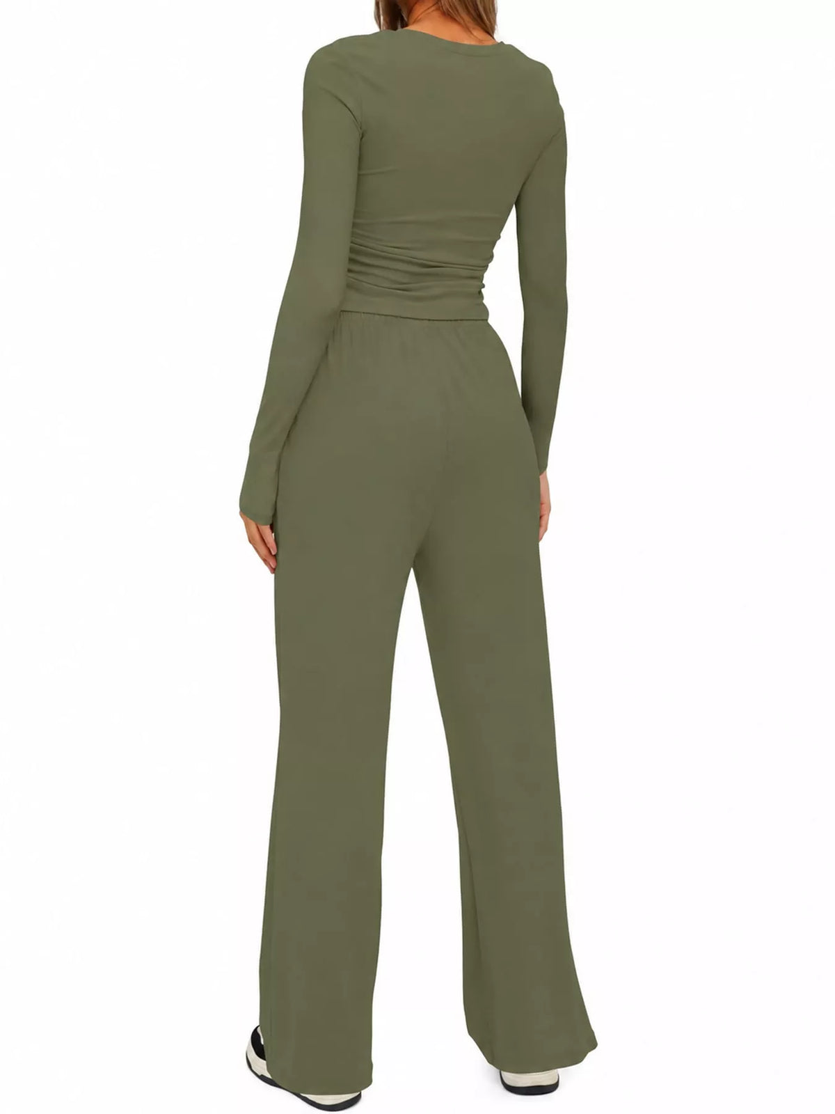 Long Sleeve Top and Wide-Leg Drawstring Pants Set — back view