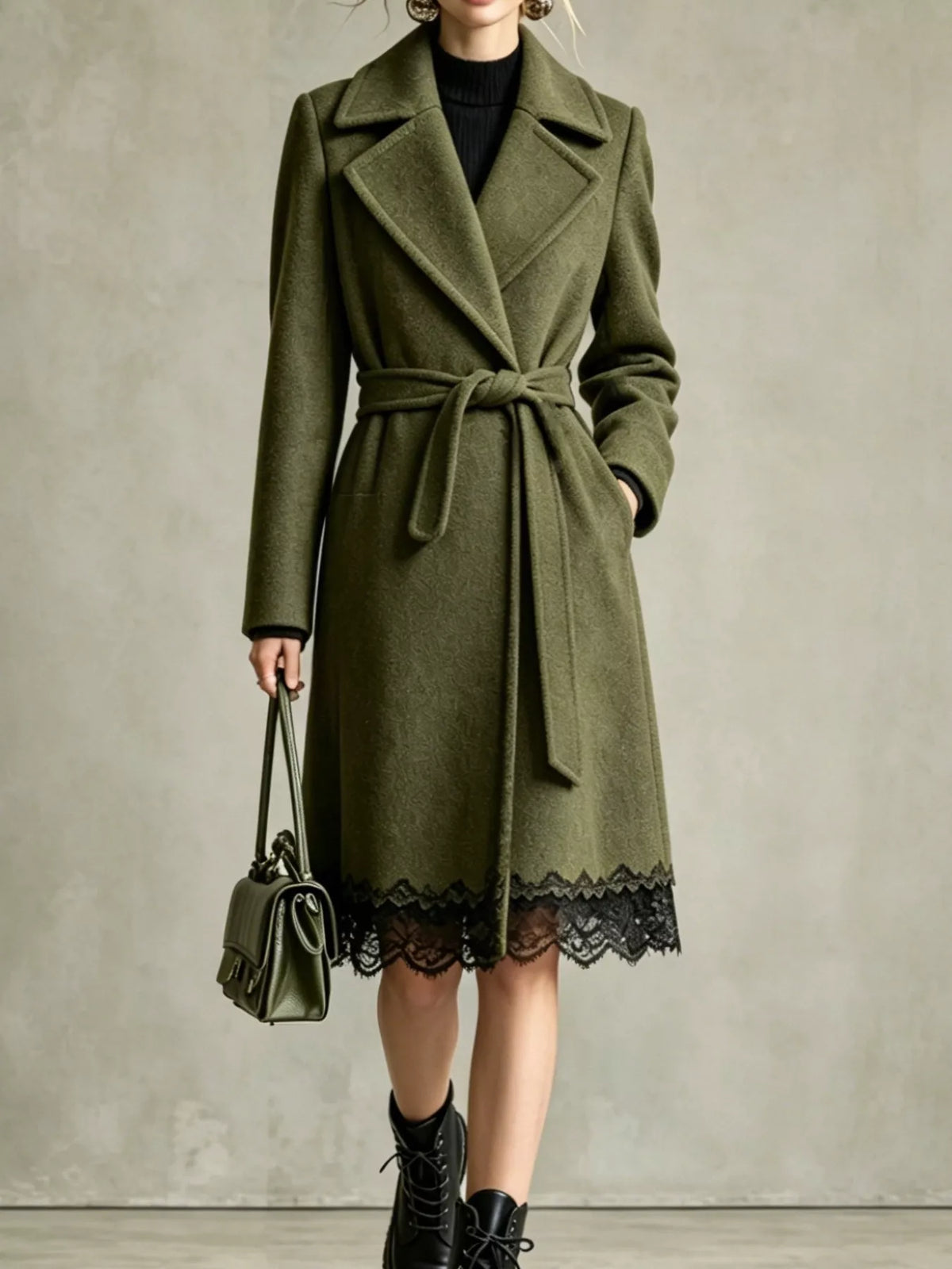 Olive lace-hem tie-waist coat
