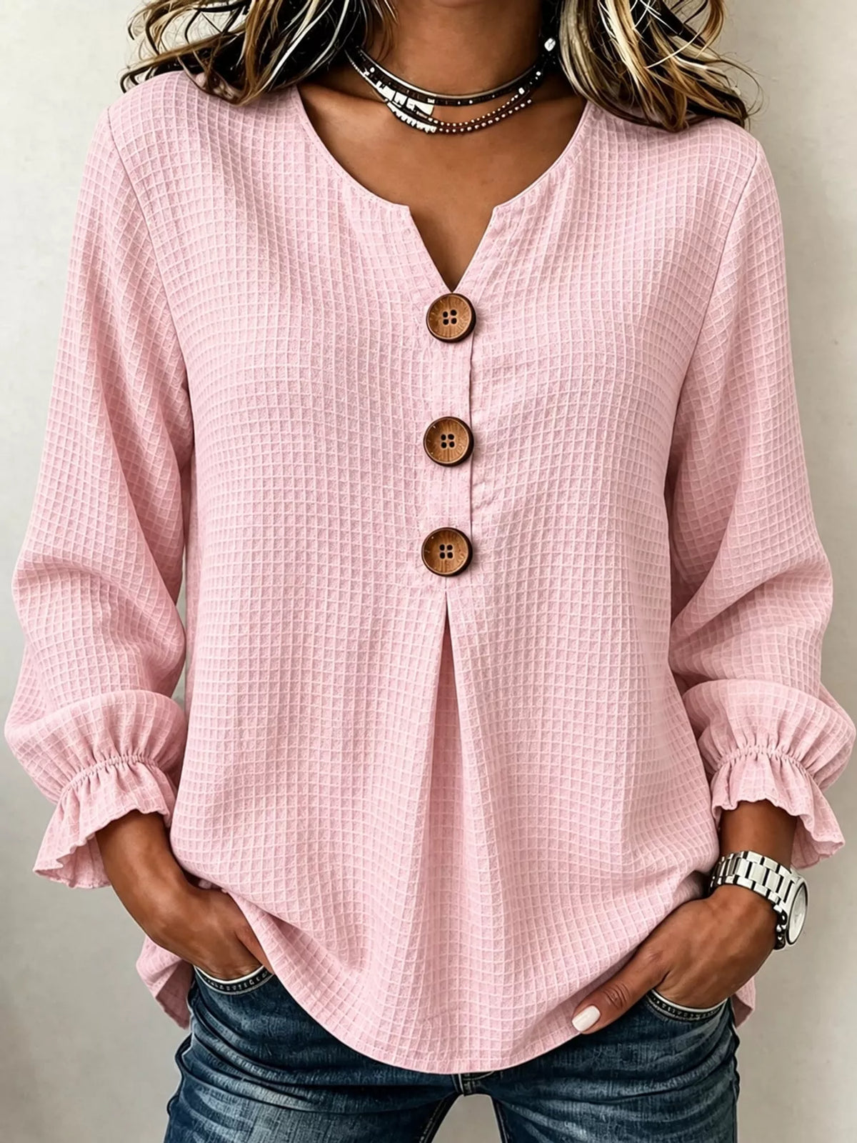 Women's Waffle Knit Flounce Sleeve Blouse in pink — front view