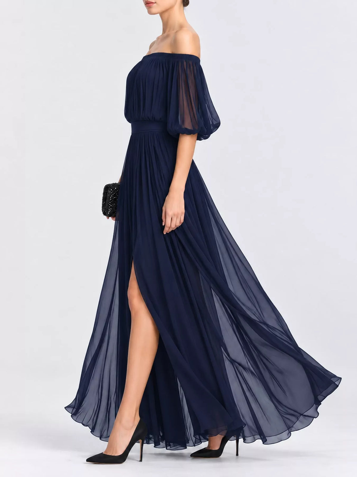 Navy off shoulder ruched chiffon maxi dress, side view