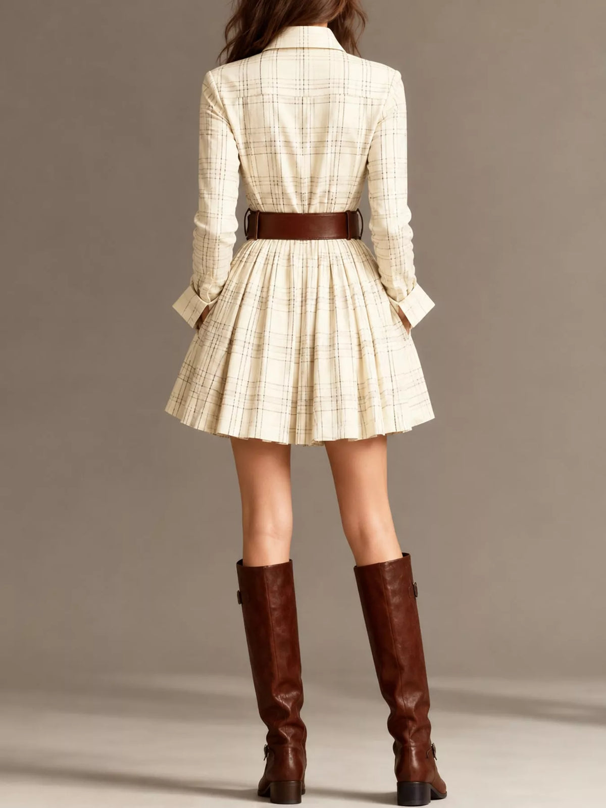 Cream plaid shirt dress, back view