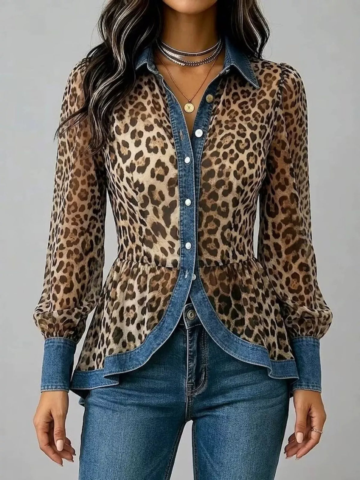 Brown and blue leopard shirt with contrasting trim, front view