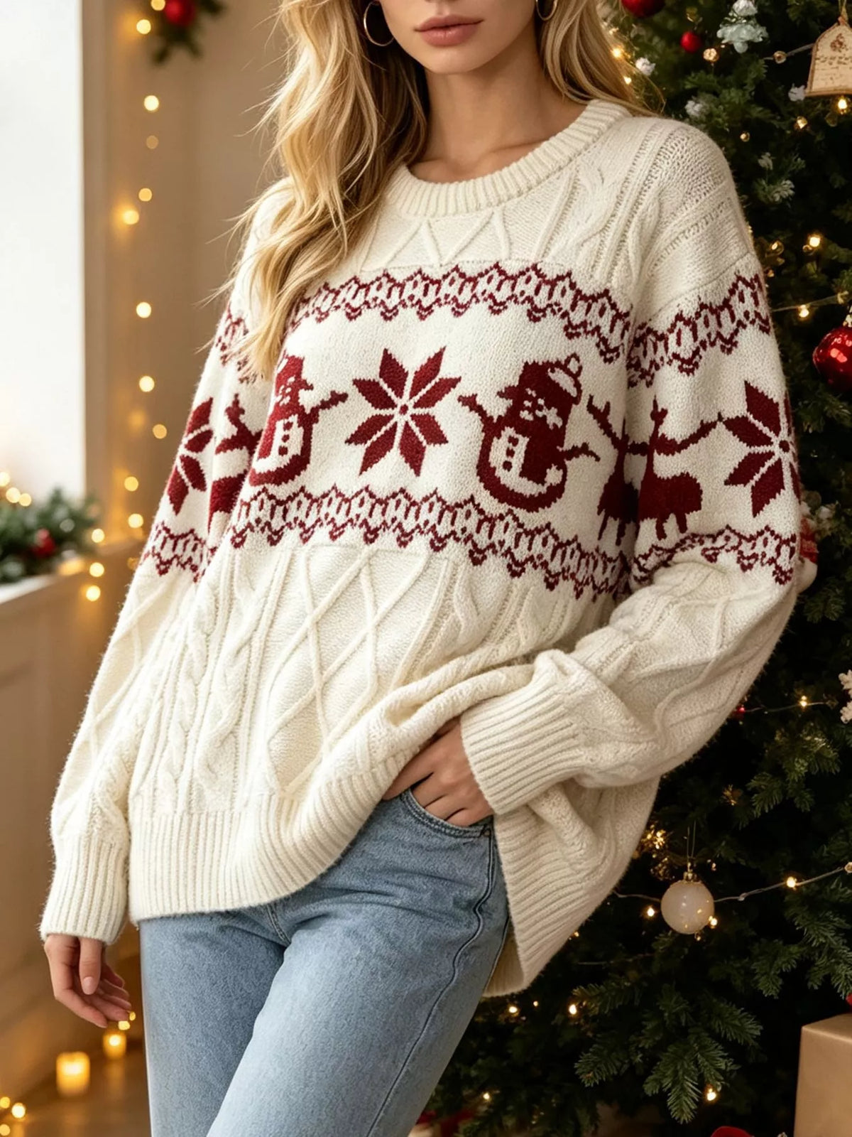 Ivory christmas snowman cable-knit sweater, angled front view.