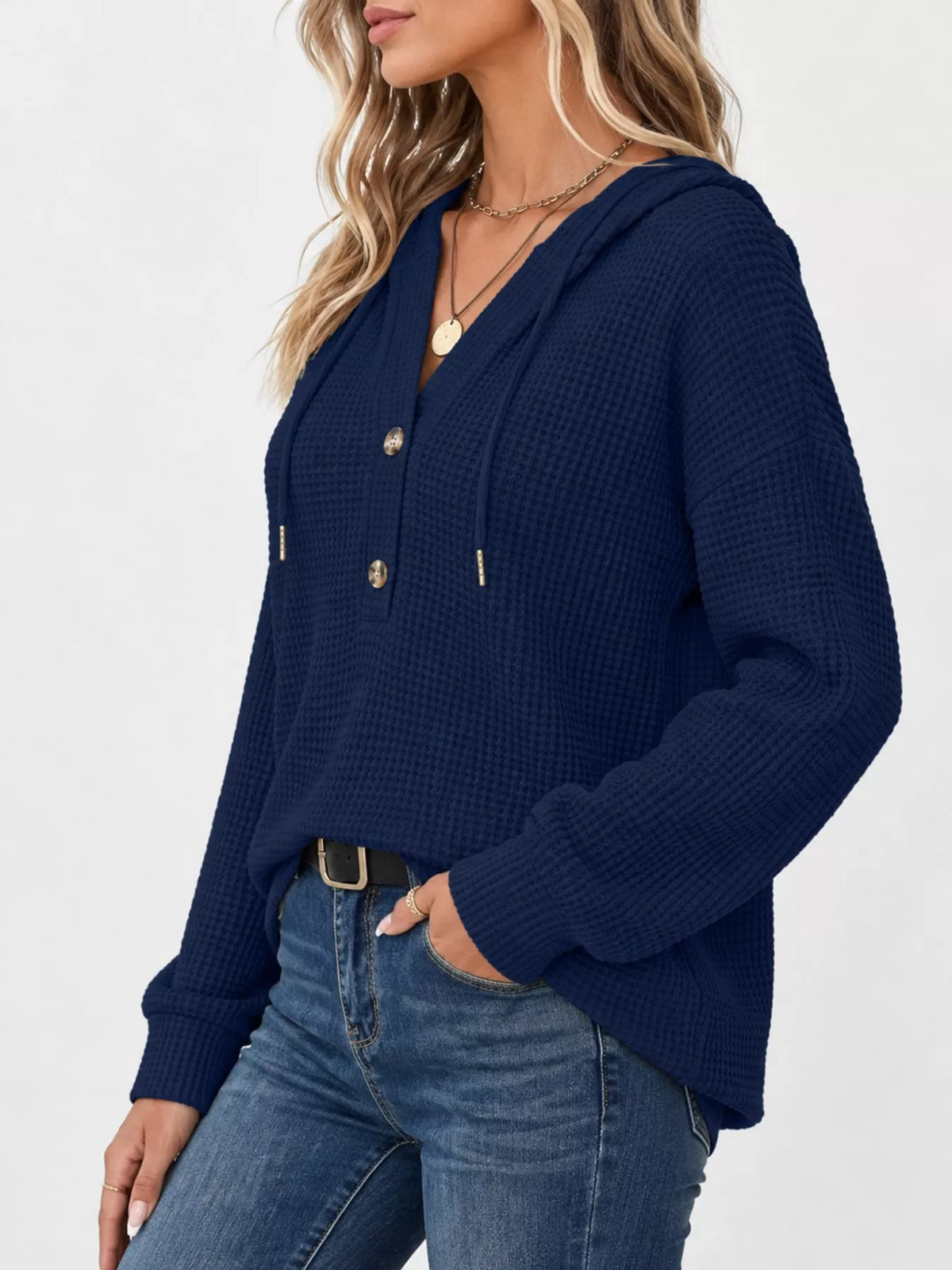 Navy waffle knit button-detail hoodie, side view