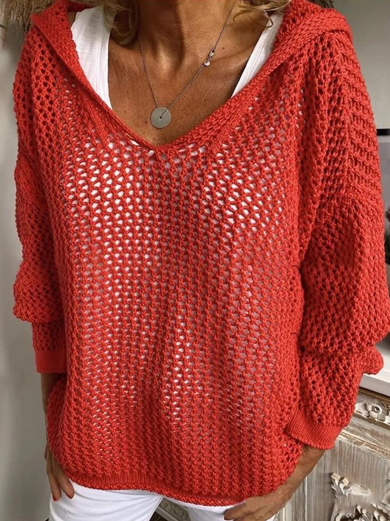 Trendsi Openwork Long Sleeve Hooded Knit Cover Up -