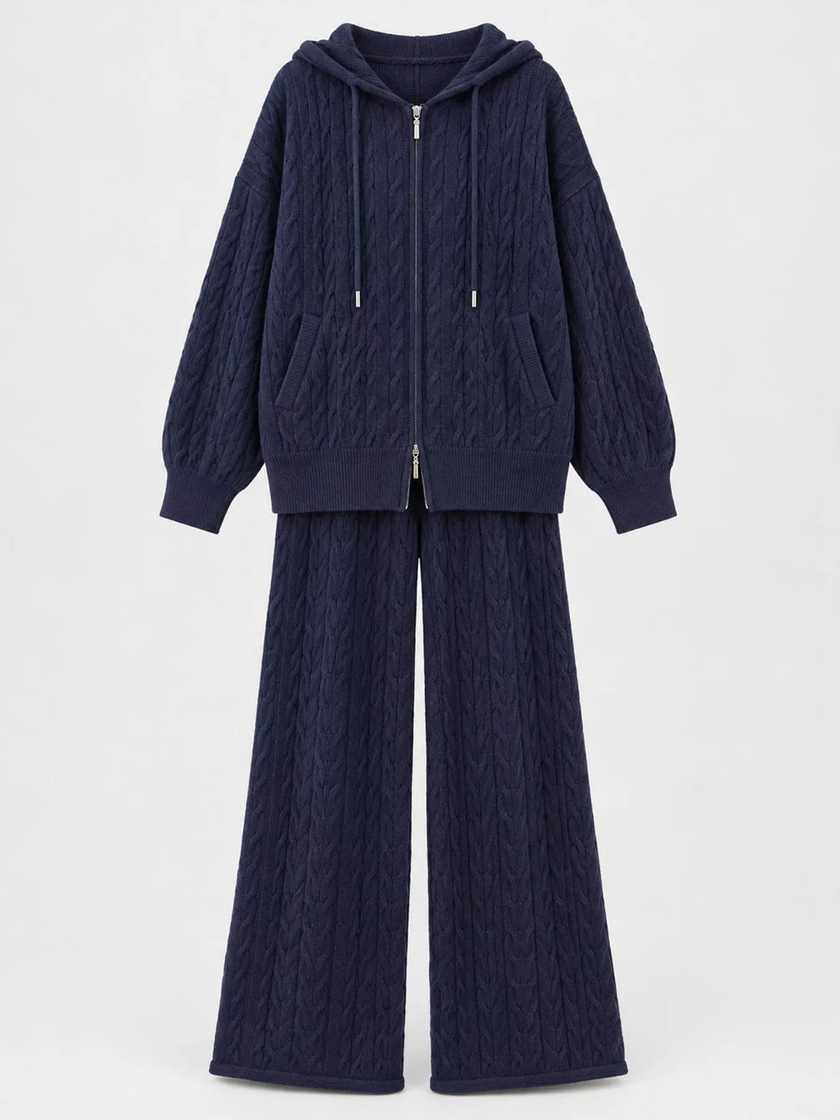 Cable-knit cardigan and pants set, navy flat lay