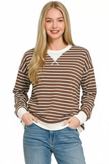 Trendsi Zenana Contrast Striped Round Neck Sweatshirt -