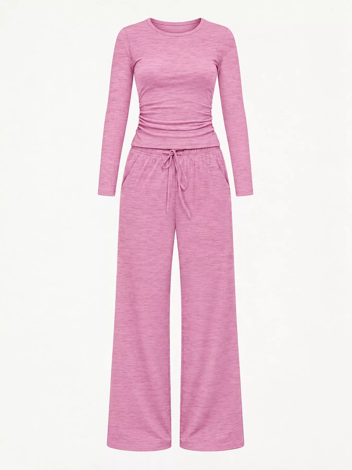 Long Sleeve Ruched Top and Wide-Leg Drawstring Pants Set — garment front