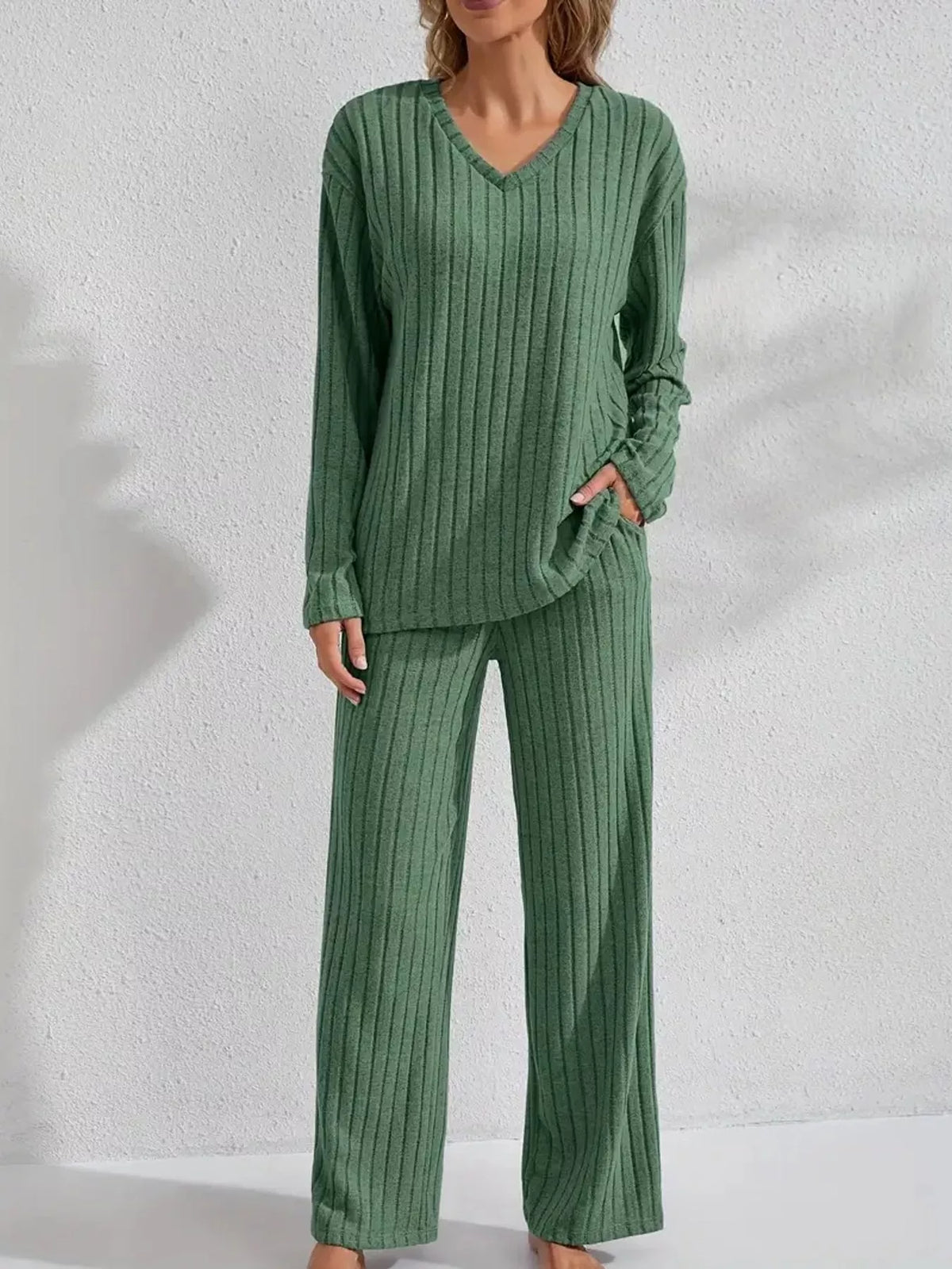 Ribbed Knit V-Neck Top and Pants Lounge Set in green