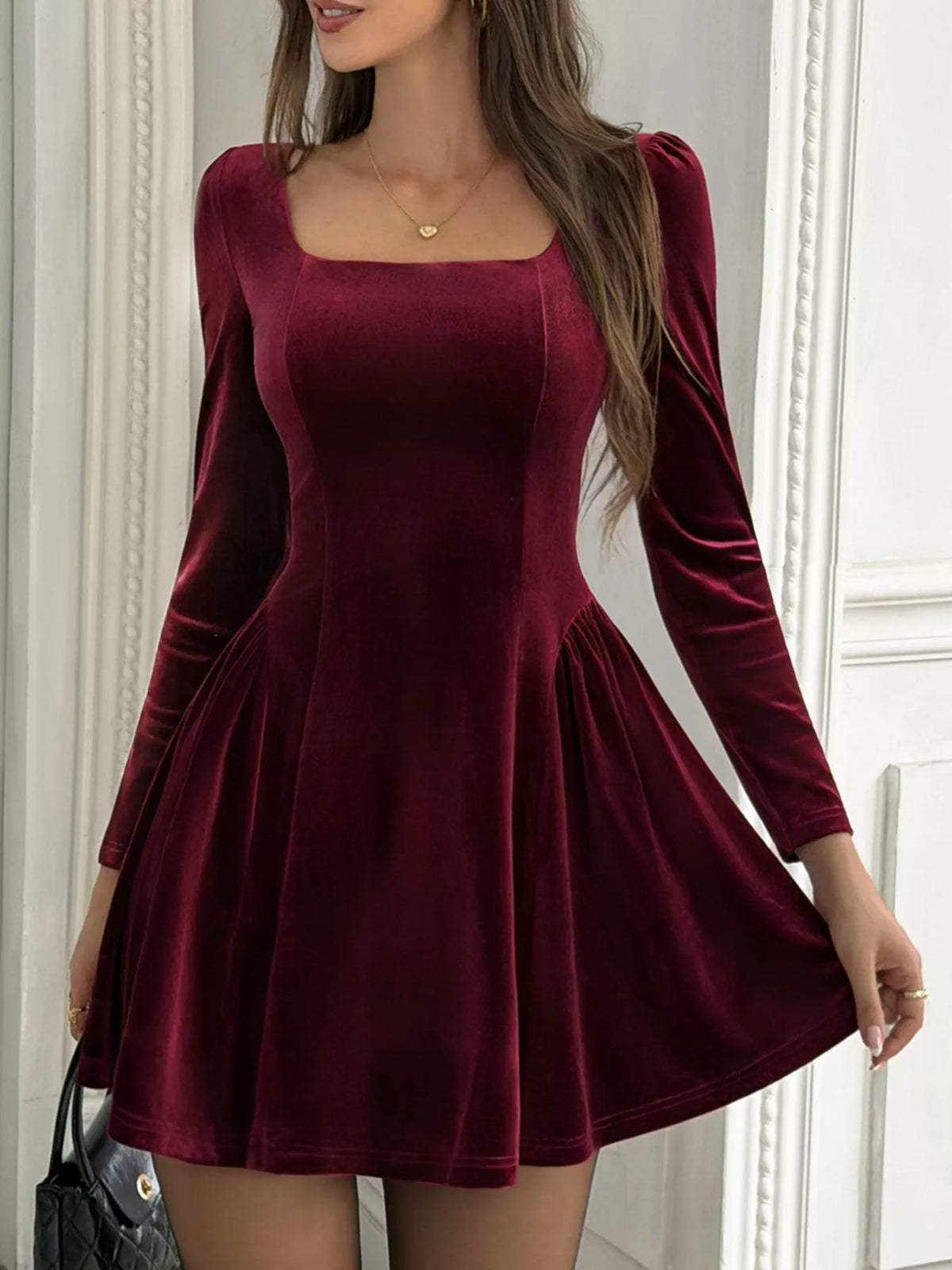 Velvet Square Neck Long Sleeve Mini Dress, front view