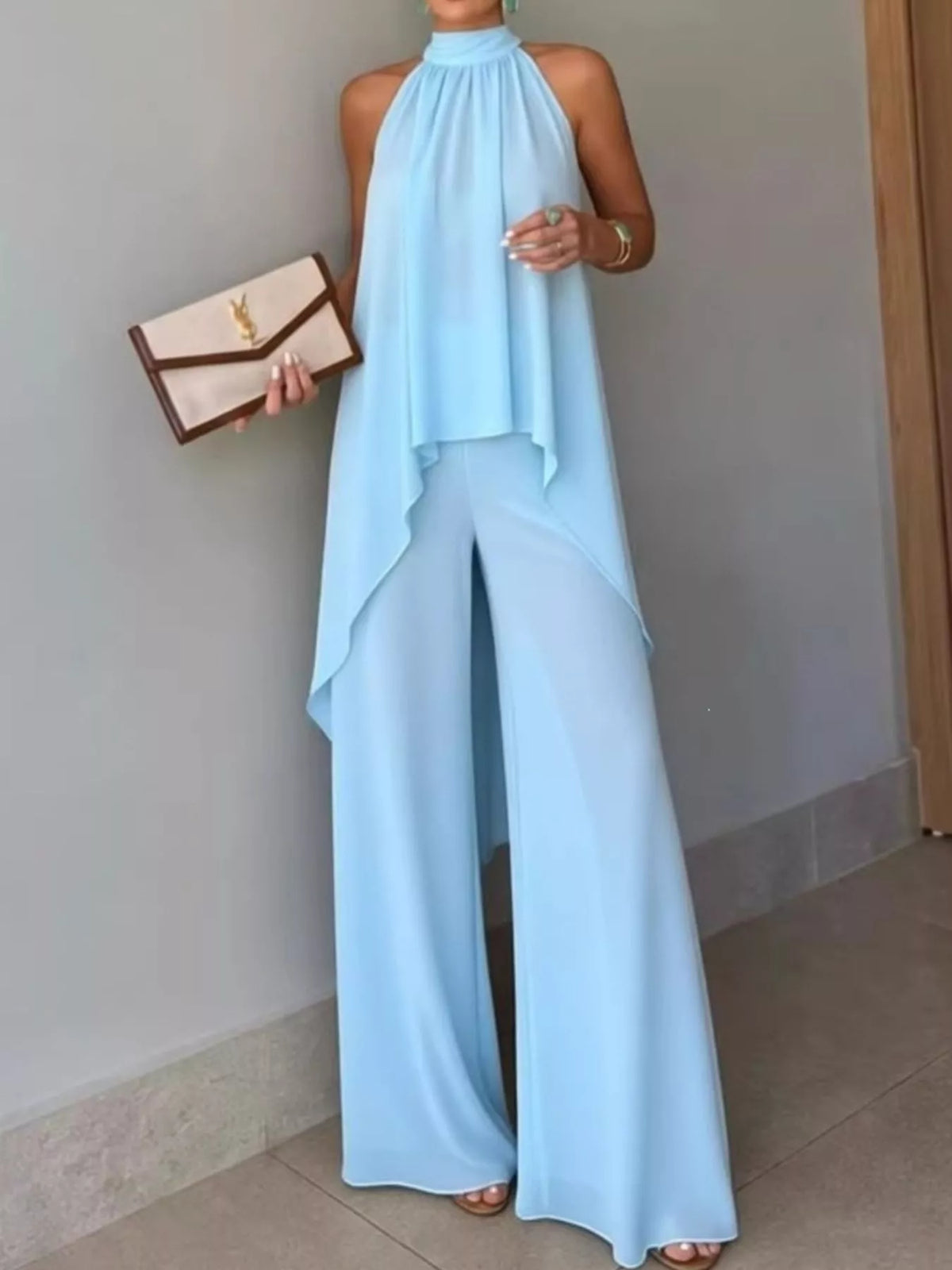 Light Blue High-Low Sleeveless Top & Wide-Leg Pants Set front view