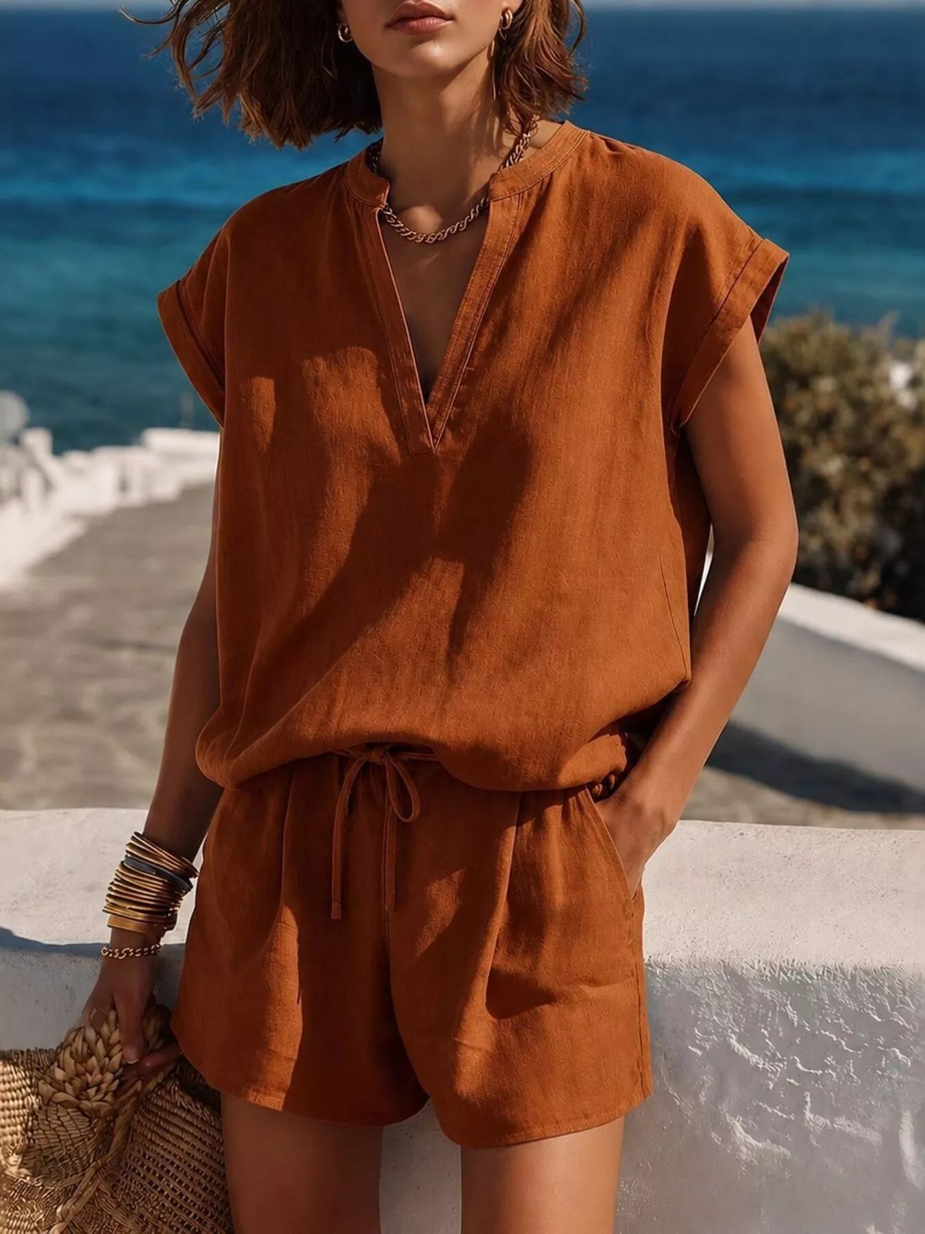 Trendsi Notched Short Sleeve Top and Shorts Set -