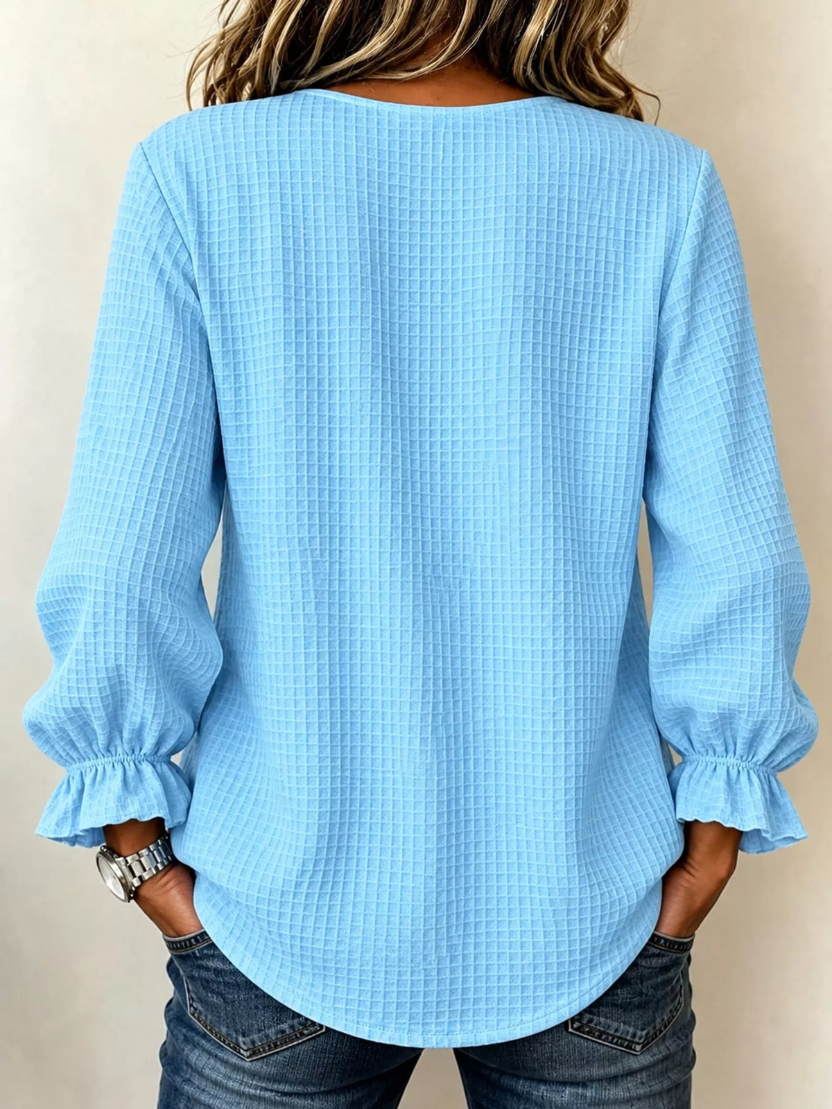 Women's Waffle Knit Flounce Sleeve Blouse in light blue — back view