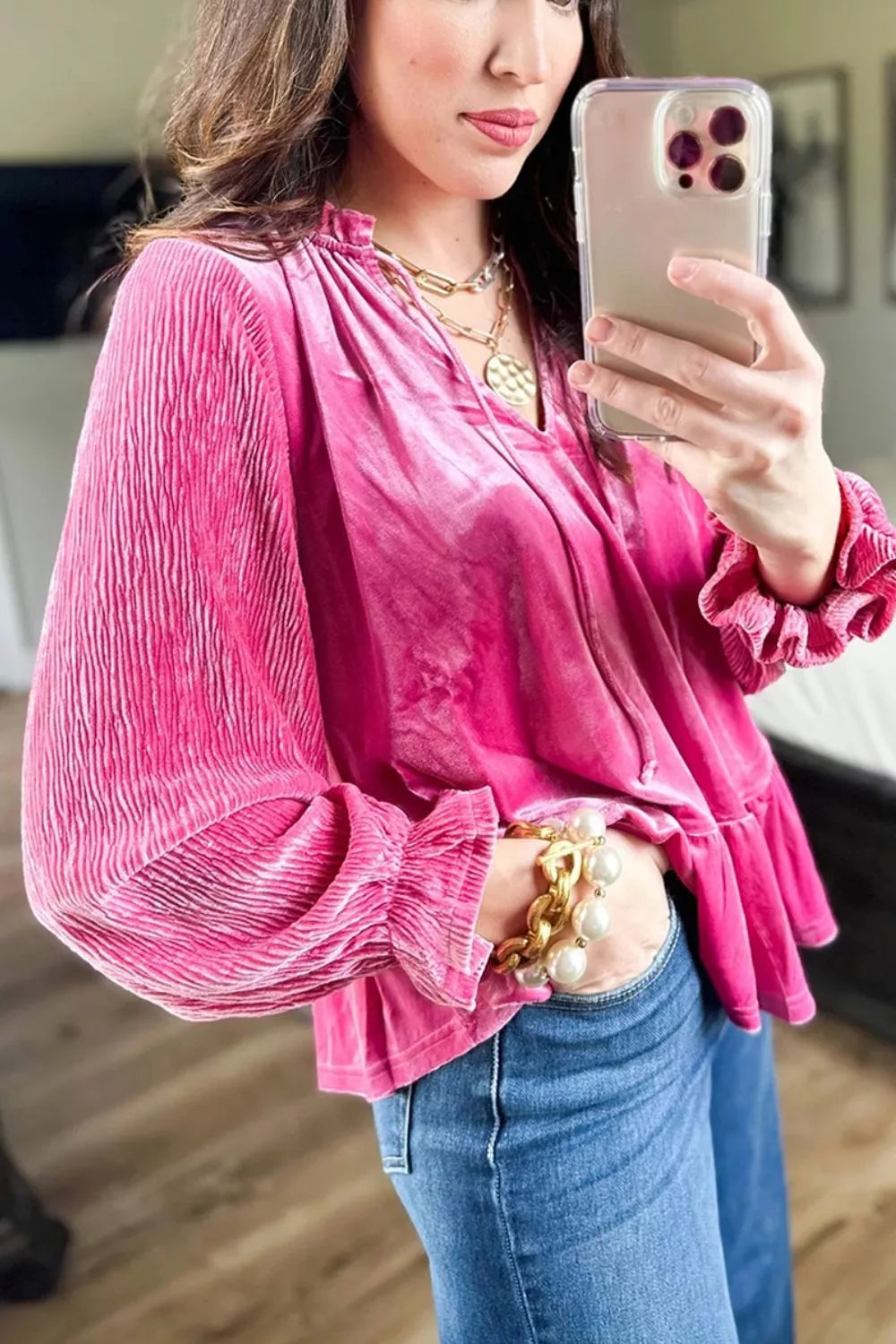 Trendsi V Neck Velvet Ruffled Cuffs Hem Long Sleeve Top -